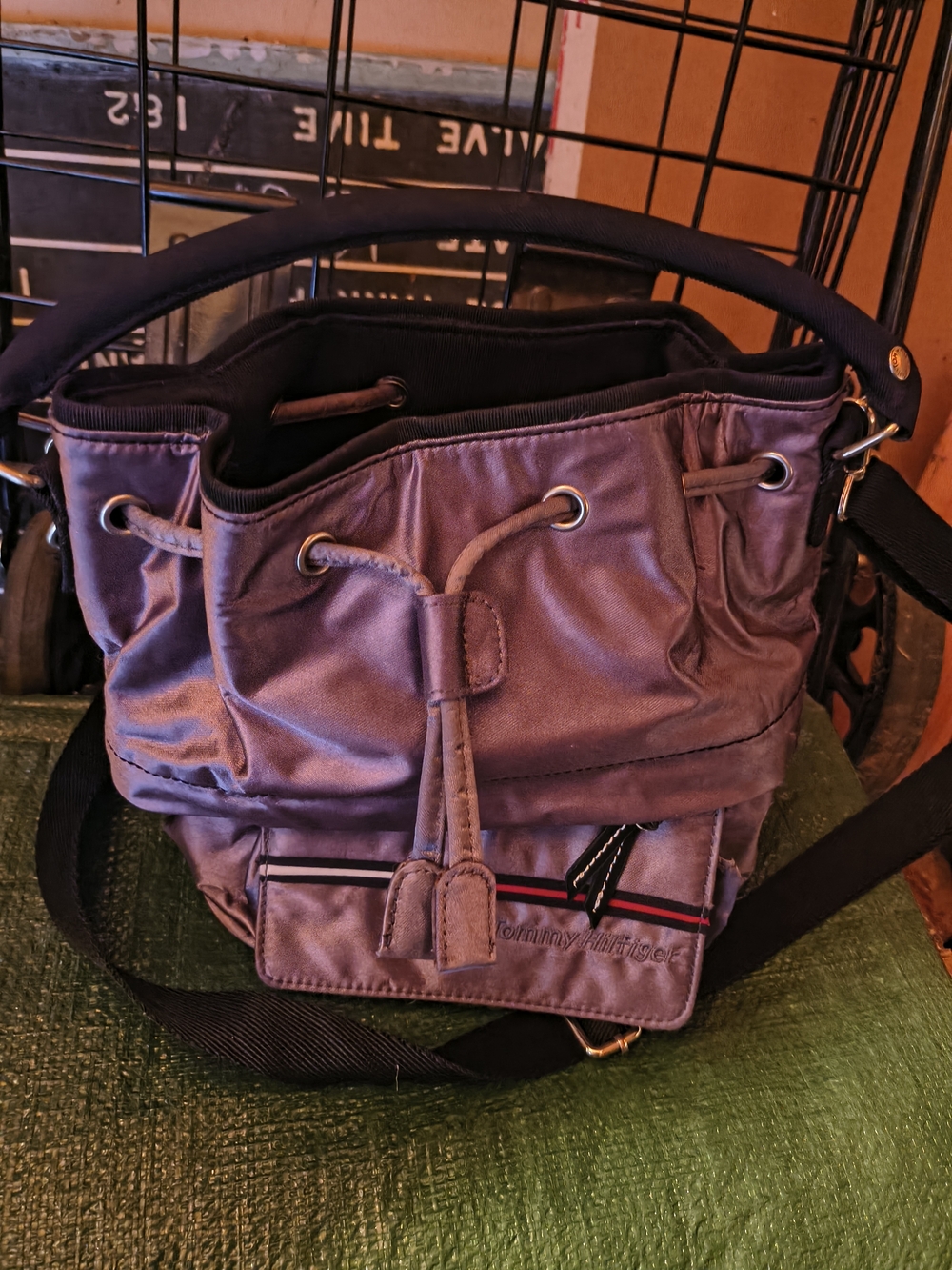 Tommy Hilfiger Purple Drawstring Messenger Bucket Bag with Black Strap